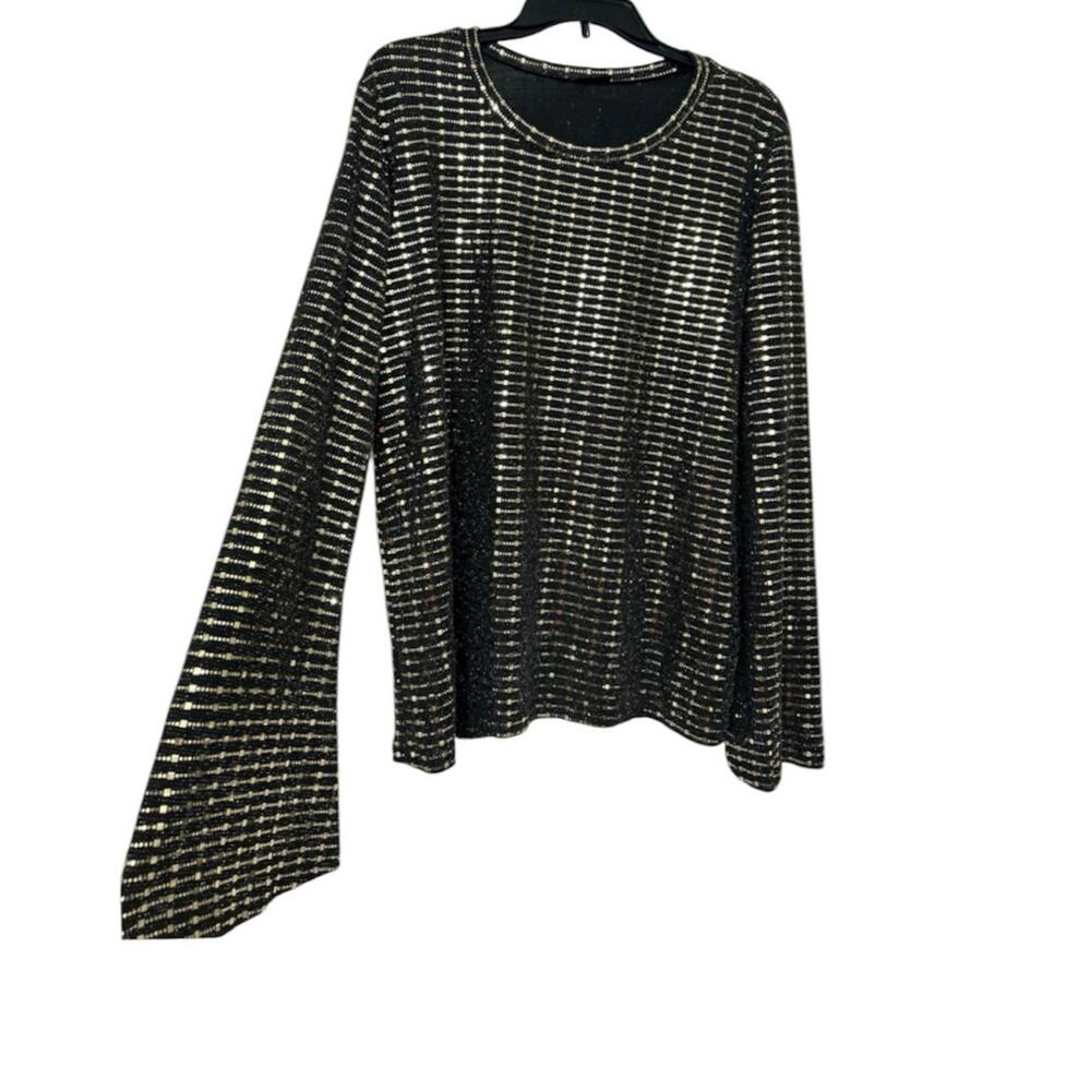 Gemstone 2X Gold Metallic Lurex Bell Sleeve Stretch Statement Going Out Top